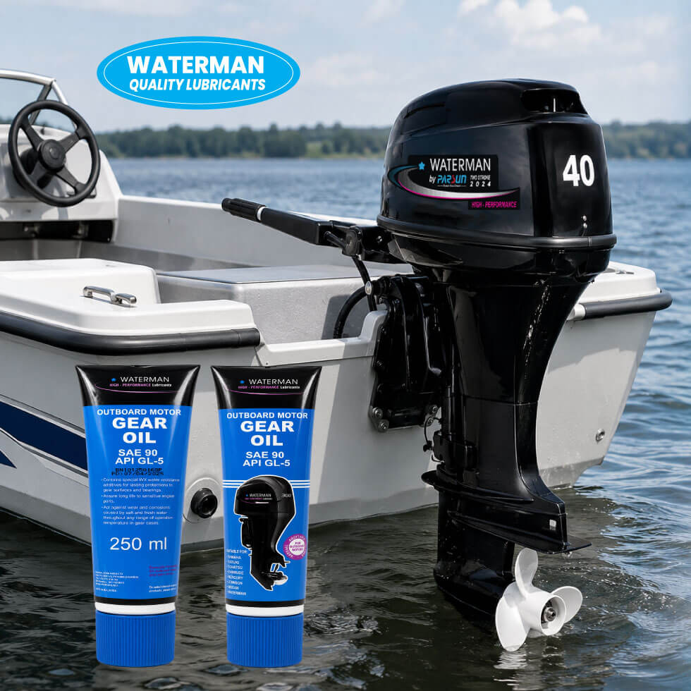 waterman-outboard-gear-oil-with-engine-mounted-on-boat-on-the-sea